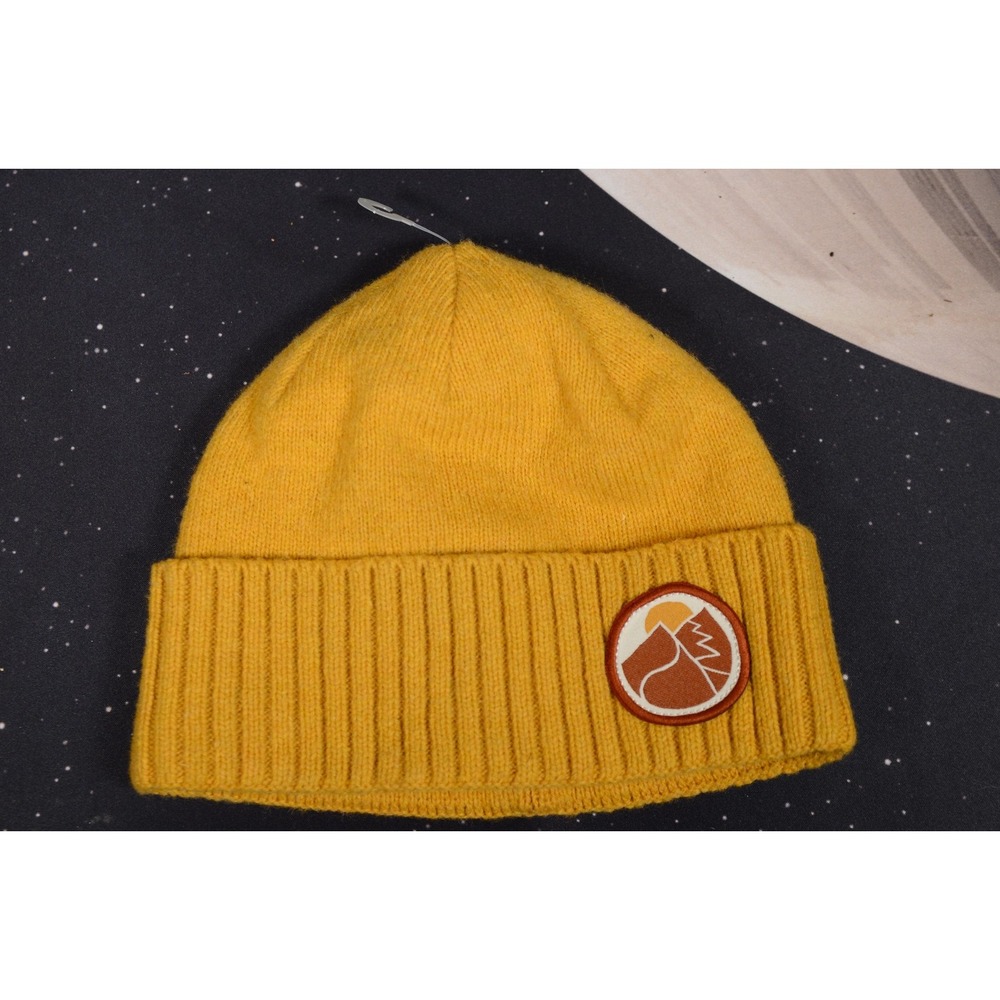 Patagonia Mountain Patch Knit Hat Beanie Mens One Size Yellow Wool Cuff Winter